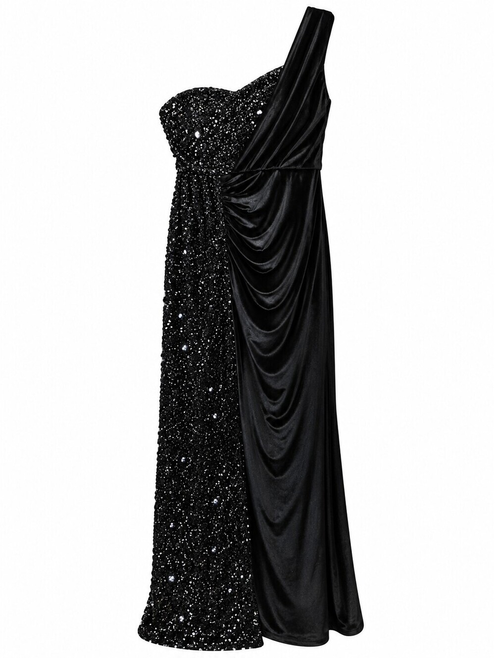 Miss Ord Black One-Shoulder Evening Gown with Sequin Detail Size L
